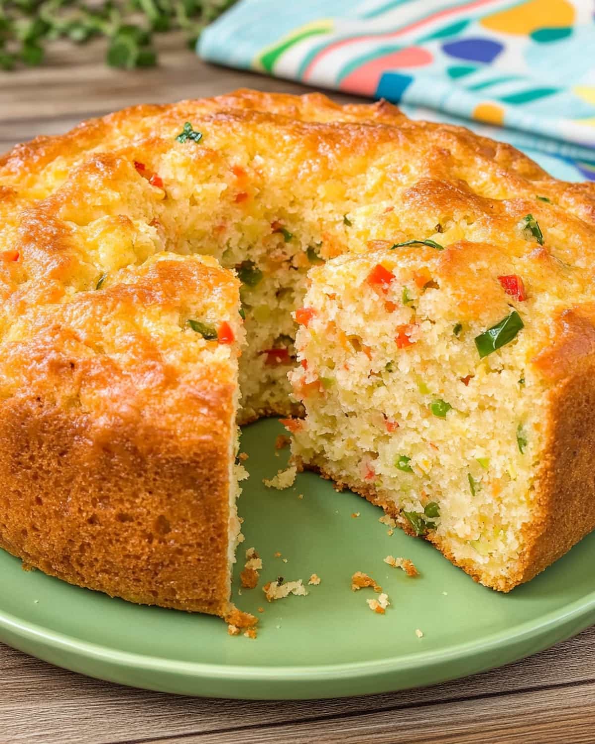 Bolo salgado na Airfryer fofinho e dourado, com legumes coloridos e aroma caseiro de pão assado.