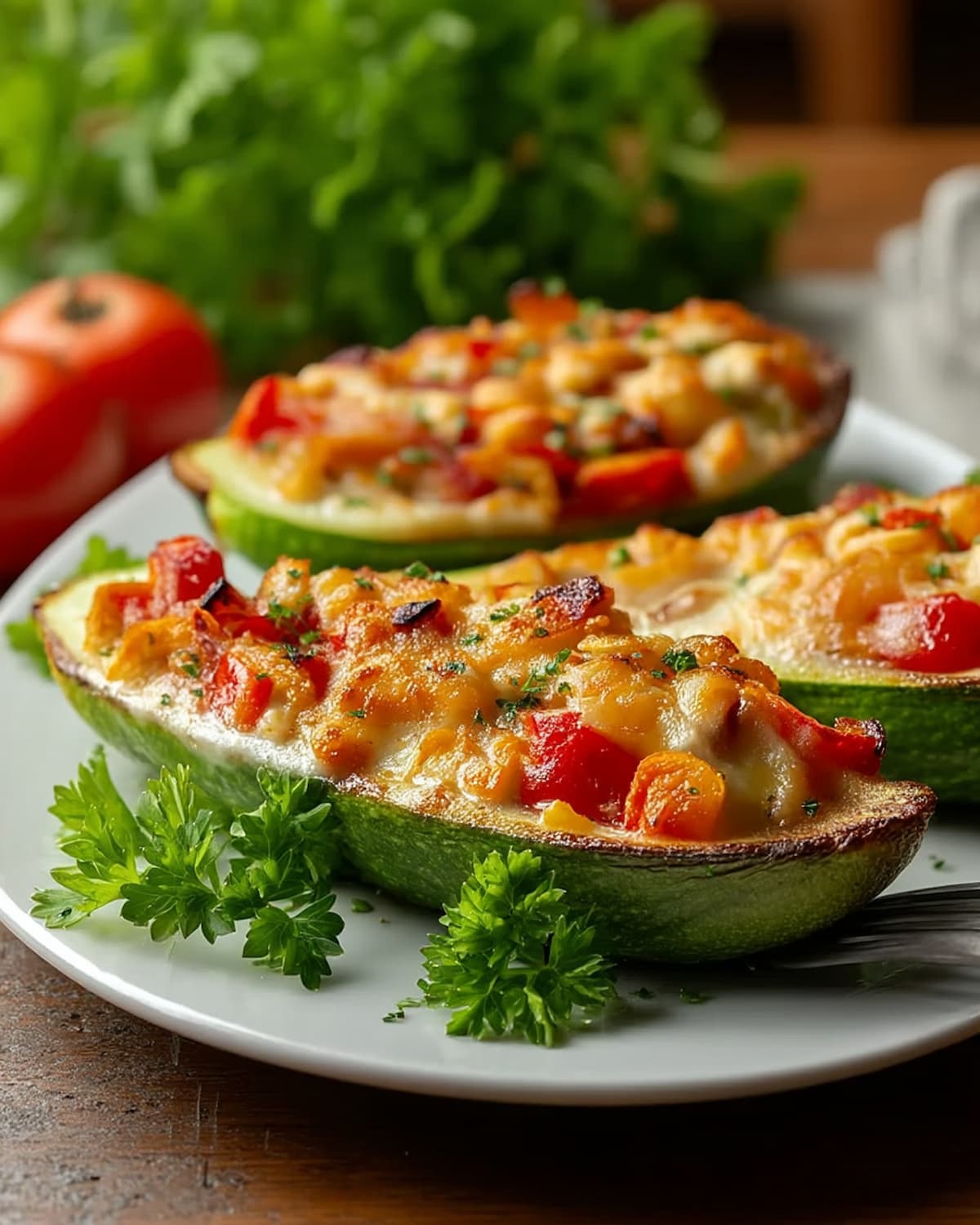 Abobrinha recheada na Airfryer com legumes e queijo gratinado, dourada por fora e cremosa por dentro.