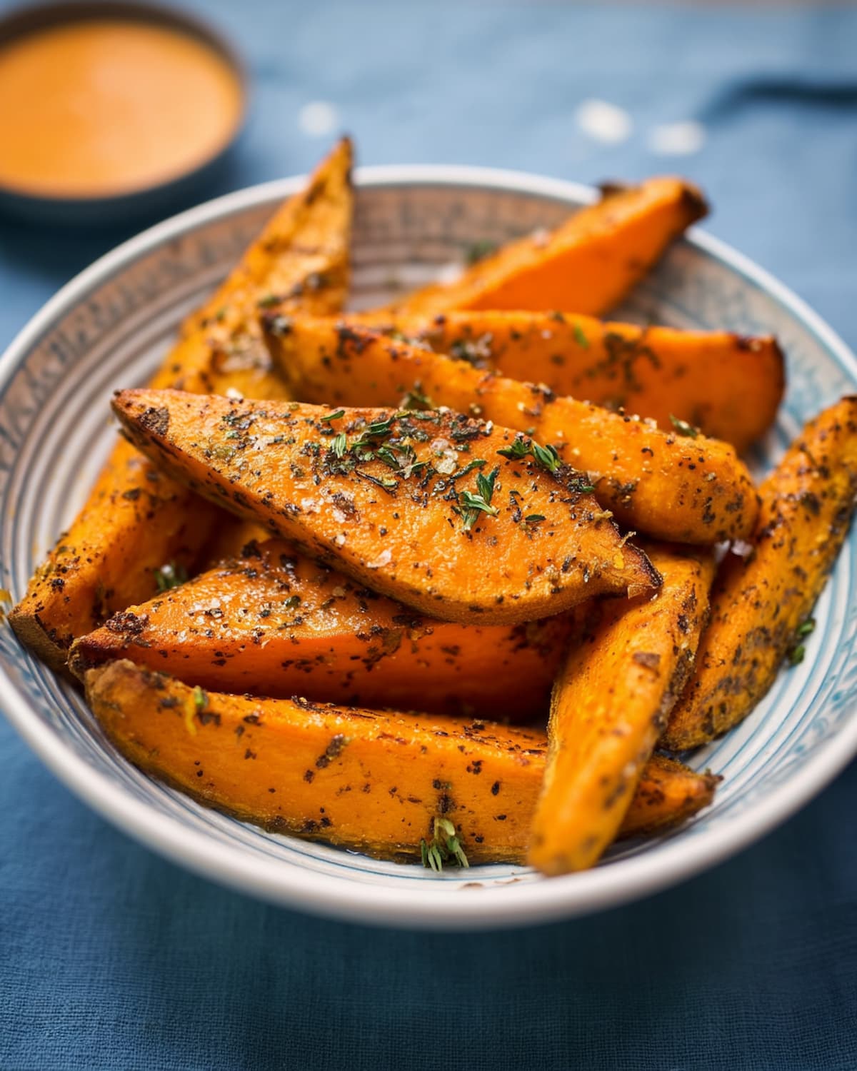 Batata doce rústica na Air Fryer dourada e macia, com crosta de ervas, toque de sal grosso e aroma tostado.