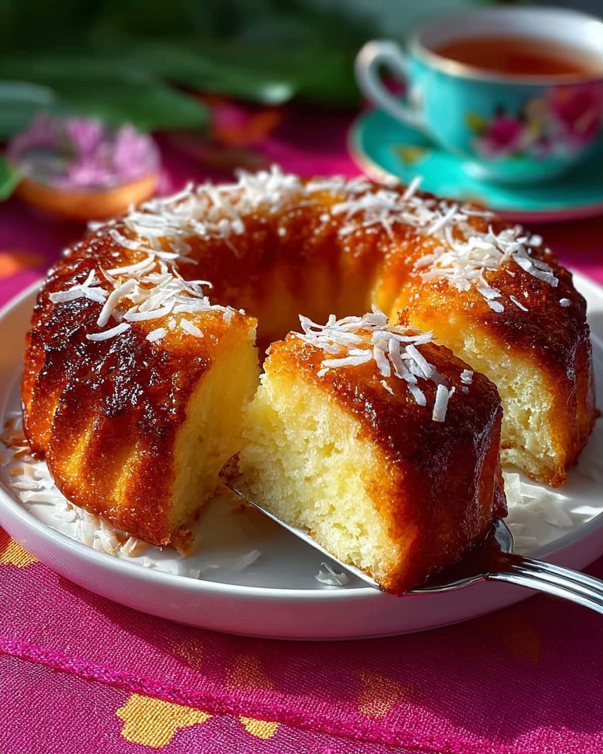 Bolo de fubá cremoso na Airfryer com crosta dourada, interior úmido e cobertura de coco ralado fresco.