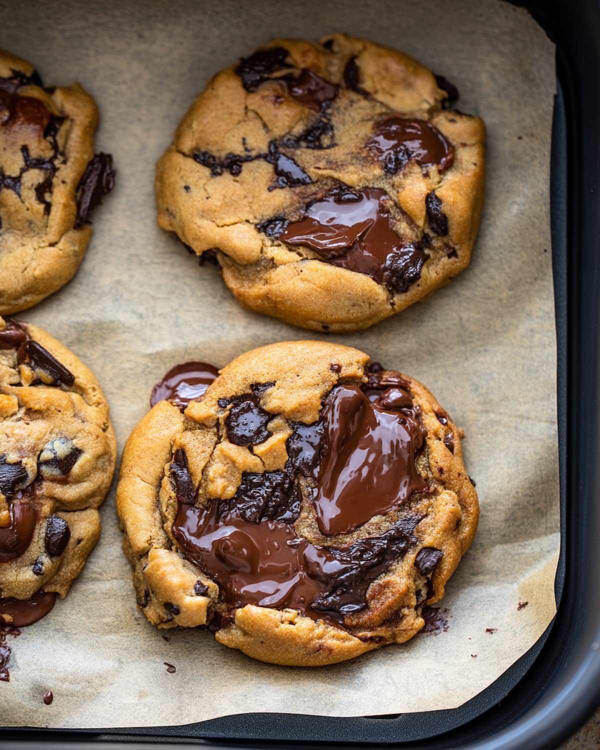 Cookie na Airfryer com bordas douradas e pedaços de chocolate derretido, ainda quente e macio por dentro.