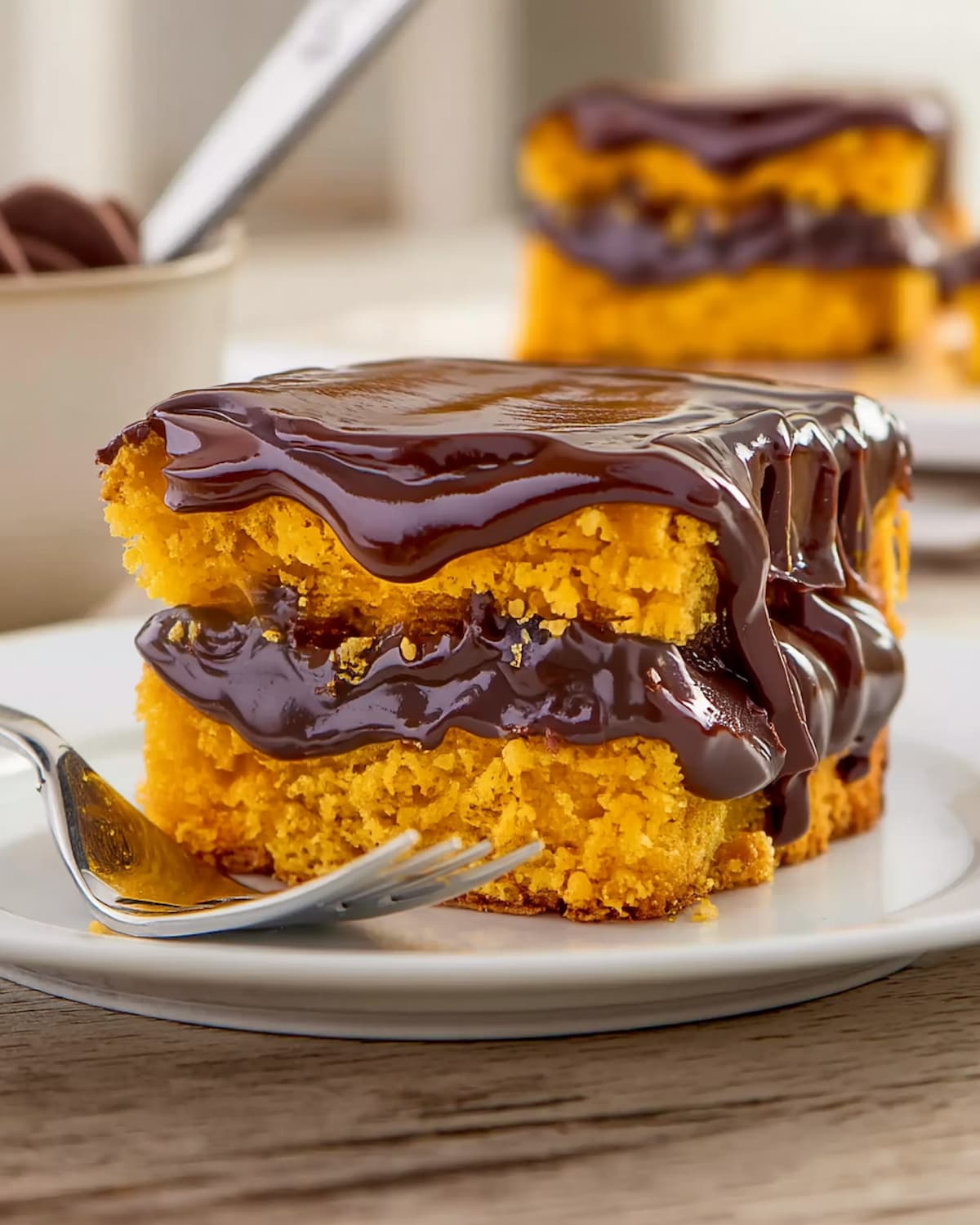 Bolo de cenoura na Airfryer fofinho e úmido, coberto com calda cremosa de chocolate ainda escorrendo.