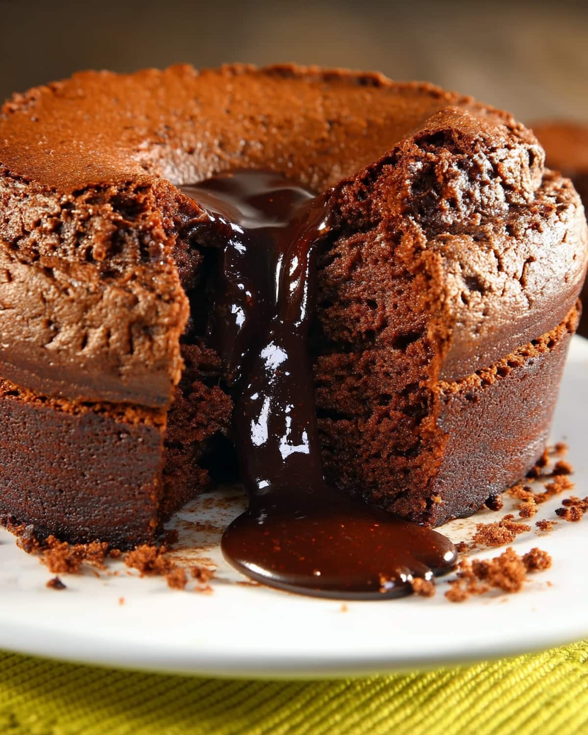 Bolo de chocolate na Airfryer com casquinha assada e recheio cremoso escorrendo ainda quente e brilhante.
